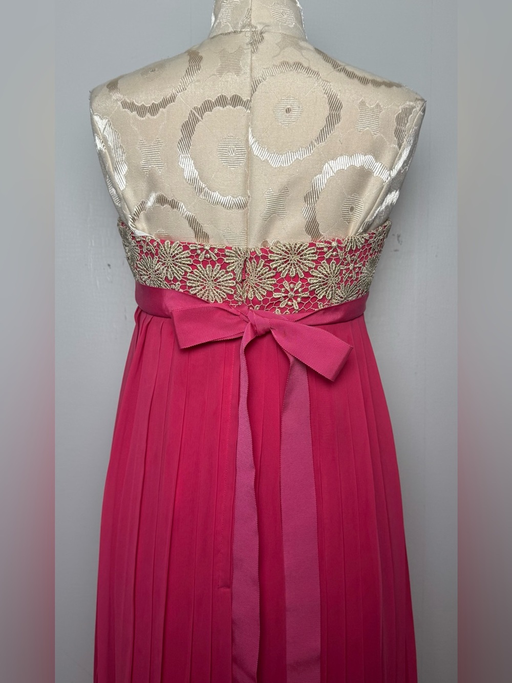Lilly Pulitzer Pink Pleated Strapless Gold Lace Formal Gown Sz S - Picture 10 of 16